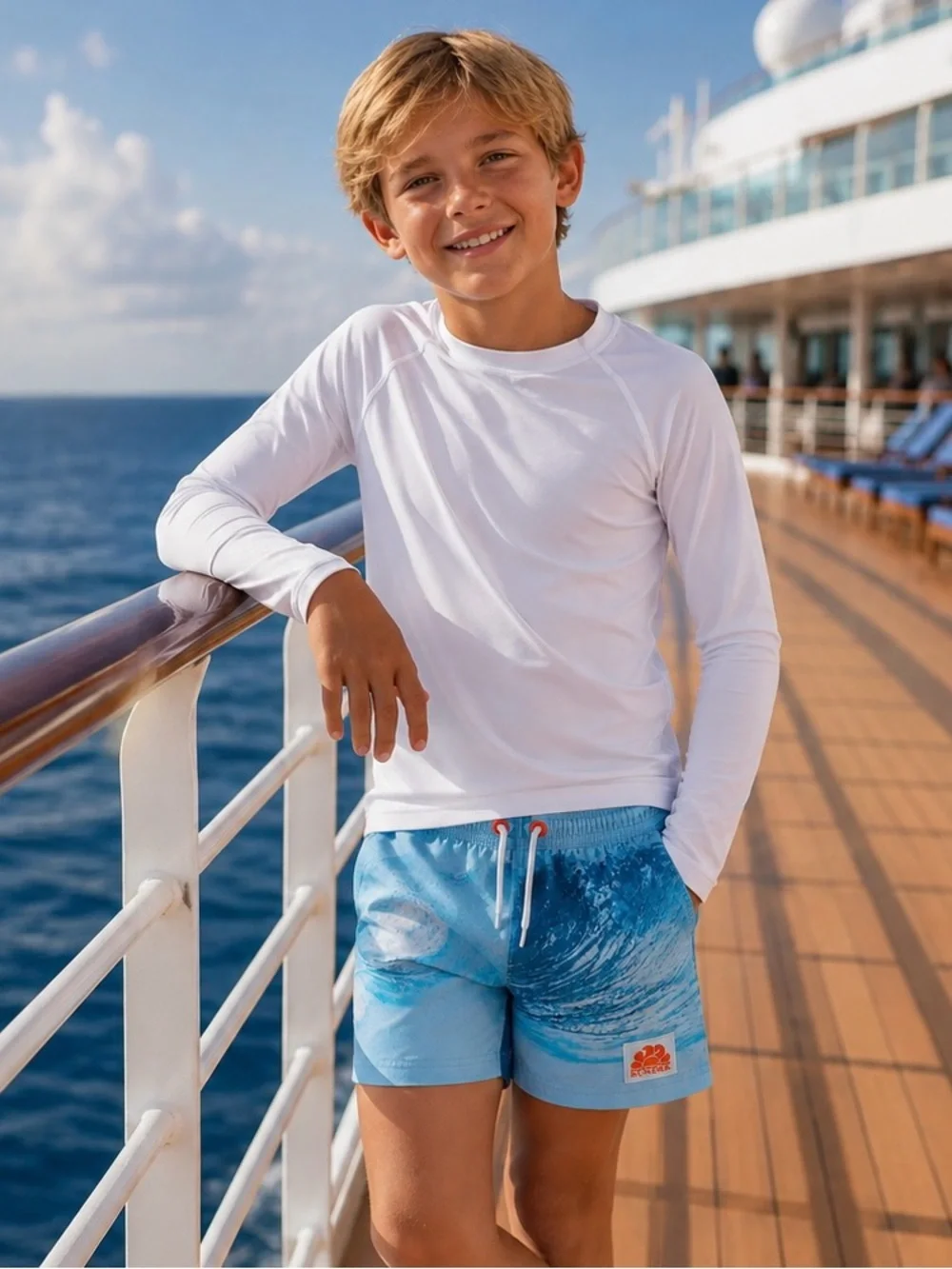 Sundek Boys Swim Trunks Size 8 Blue Wave Print Board Shorts Excellent Cruise